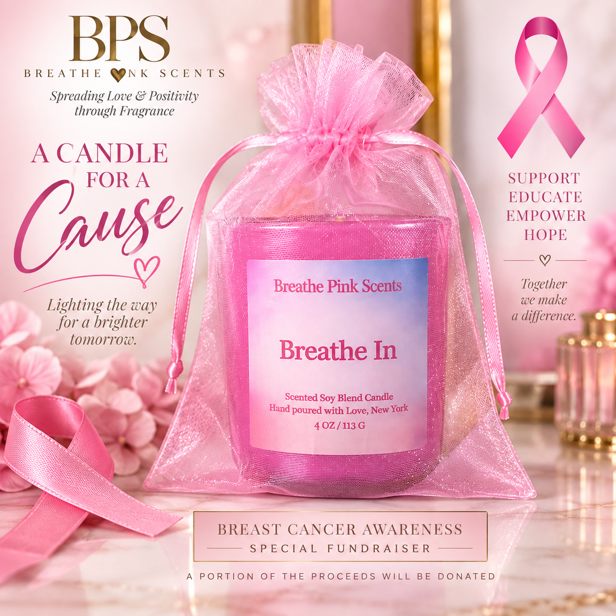 Breathe In – Breast Cancer Awareness Fundraiser Candle | Scented Soy Blend